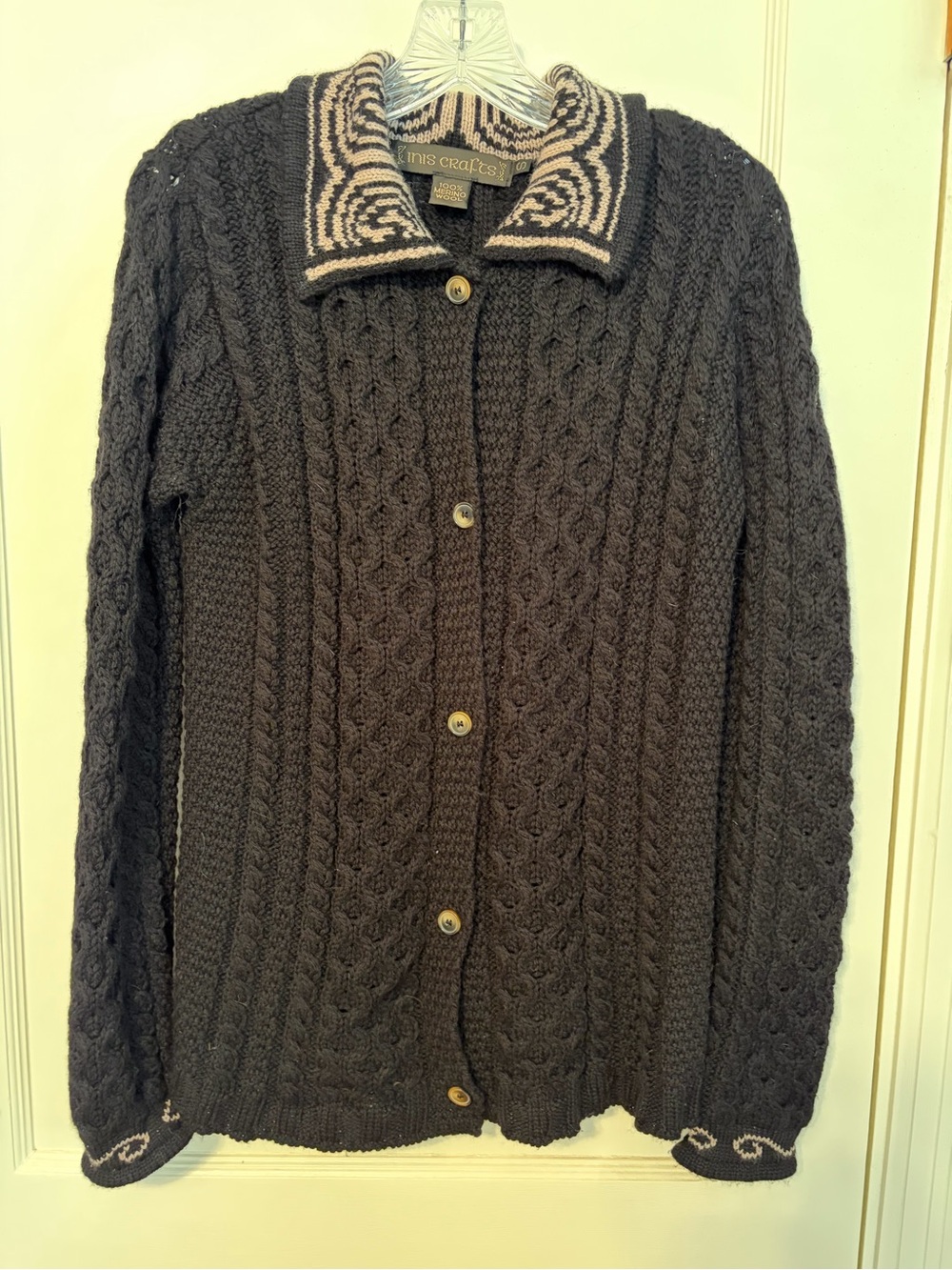 Inis Crafts 100% Merino Wool Irish Aran Cable Knit Cardigan Sweater Womens L